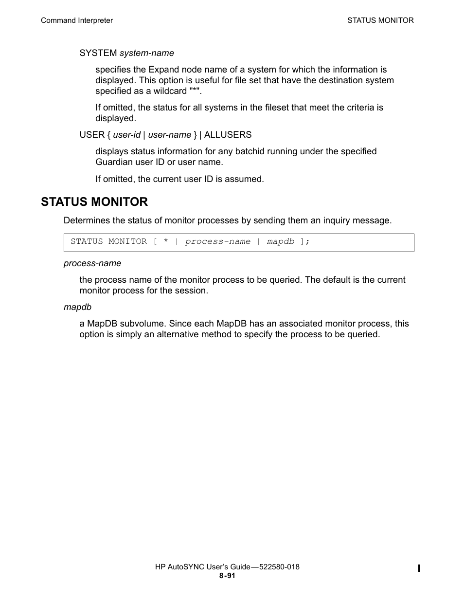 Status monitor, Command | HP Integrity NonStop J-Series User Manual | Page 185 / 266