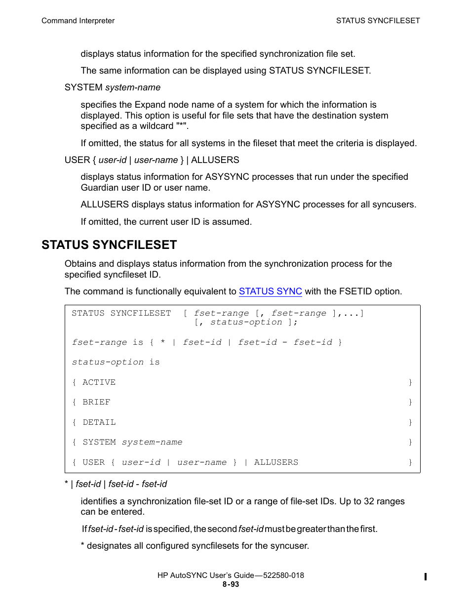 Status syncfileset | HP Integrity NonStop J-Series User Manual | Page 187 / 266