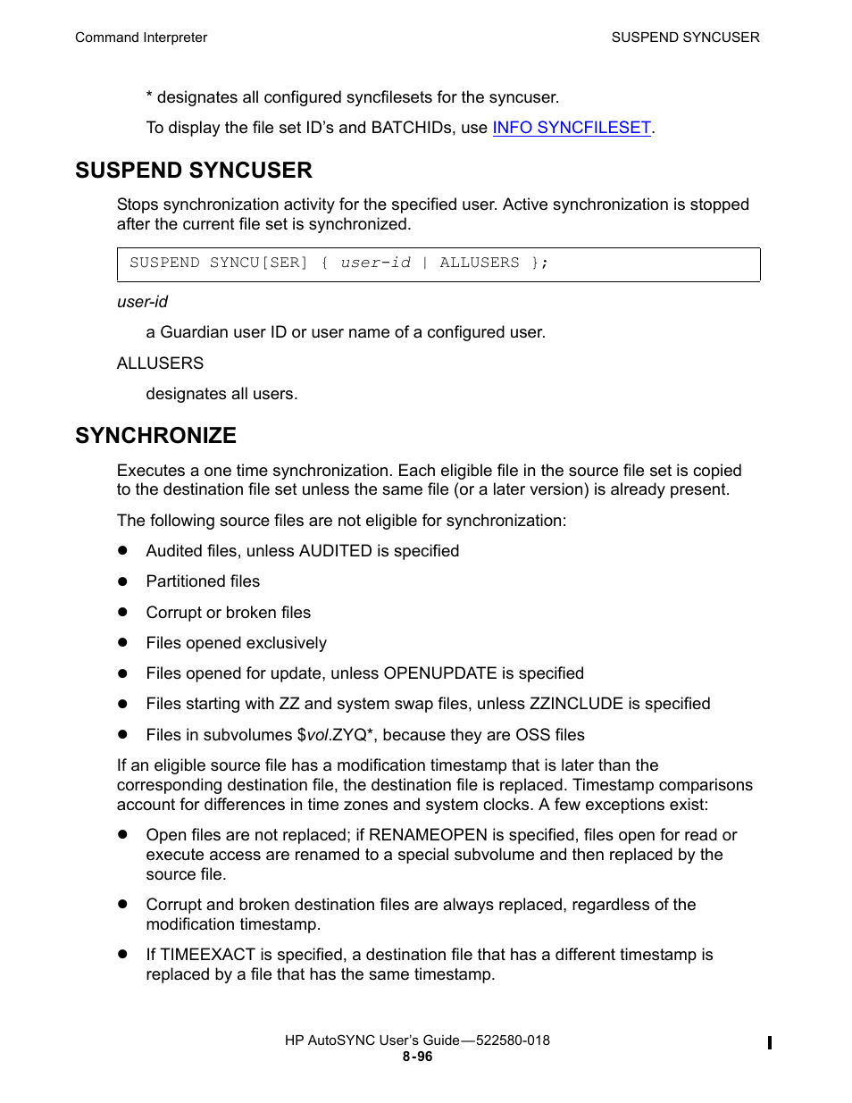Suspend syncuser, Synchronize, Use the | Command to suspend all autosync users, Command, plus options, Command, Command option, And specify the ho, Command. note that su, See command | HP Integrity NonStop J-Series User Manual | Page 190 / 266