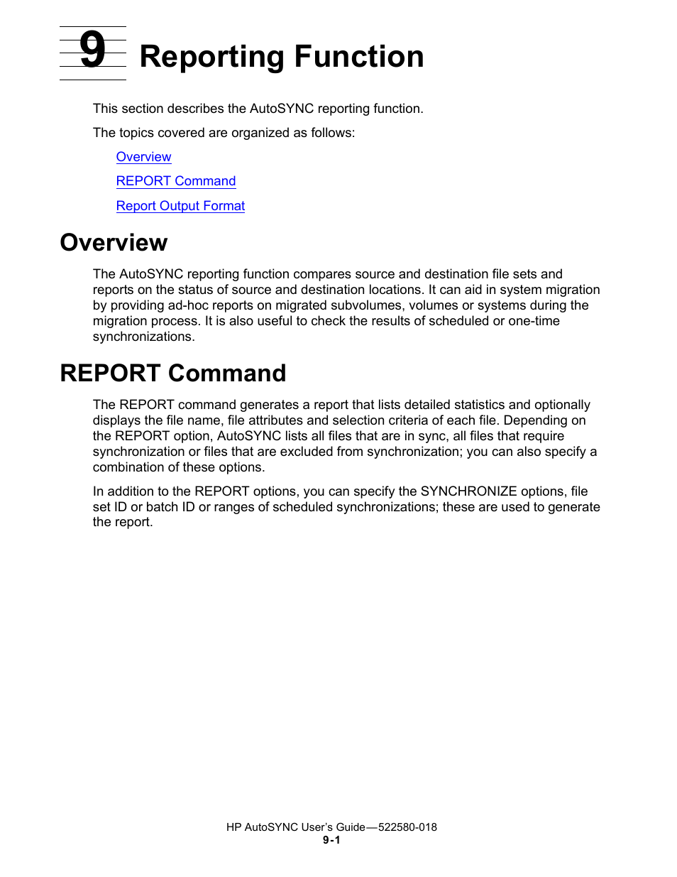 9 reporting function, Overview, Report command | Reporting function, Section 9, reporting function | HP Integrity NonStop J-Series User Manual | Page 211 / 266