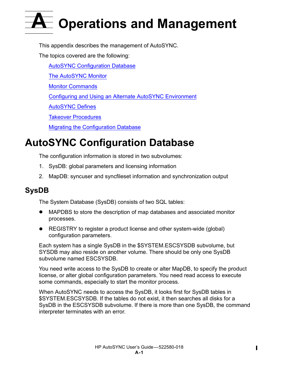 A operations and management, Autosync configuration database, Sysdb | A. operations and management, Appendix a, operations and, Management, For det, Appendix a, operations and management, For a list of va, Operations and management | HP Integrity NonStop J-Series User Manual | Page 217 / 266