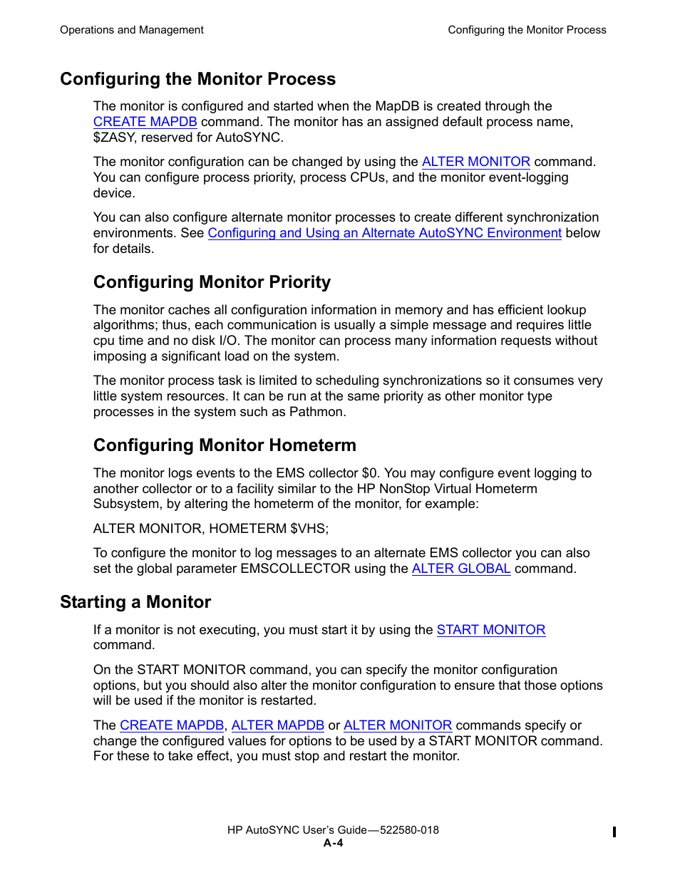 Configuring the monitor process, Starting a monitor, Configuring monitor priority | Configuring monitor hometerm | HP Integrity NonStop J-Series User Manual | Page 220 / 266