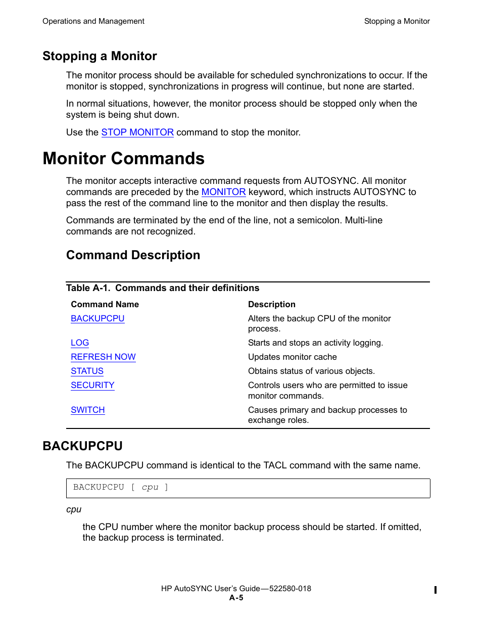 Stopping a monitor, Monitor commands, Backupcpu | Command description, Table a-1, Commands and their definitions, Command description backupcpu | HP Integrity NonStop J-Series User Manual | Page 221 / 266