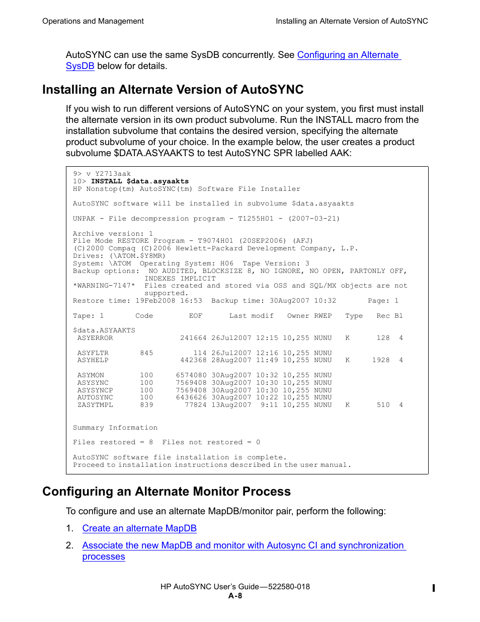 Installing an alternate version of autosync, Configuring an alternate monitor process, Installing an alternate version of | Autosync | HP Integrity NonStop J-Series User Manual | Page 224 / 266