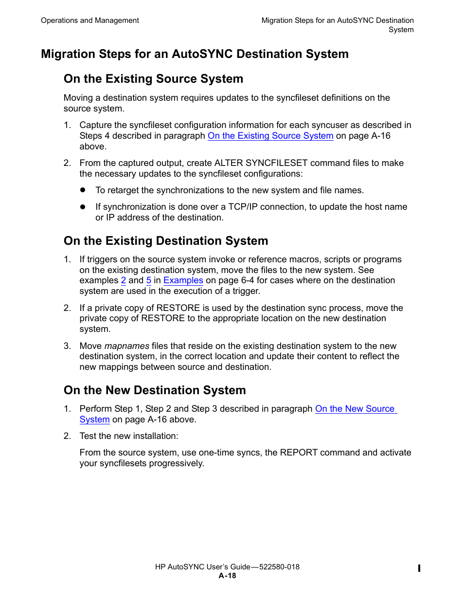Migration steps for an autosync destination system, On the existing source system, On the existing destination system | On the new destination system | HP Integrity NonStop J-Series User Manual | Page 234 / 266