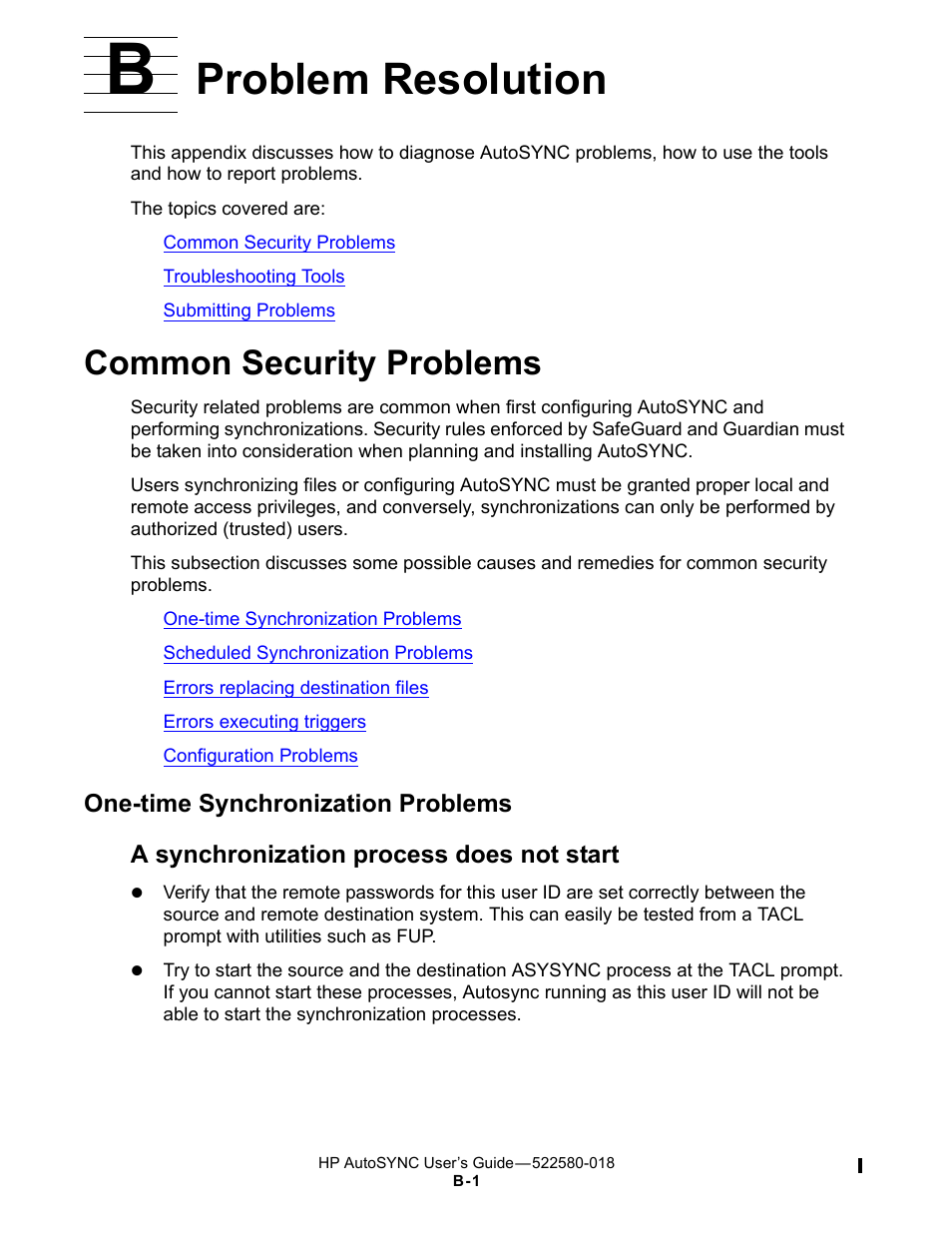 B problem resolution, Common security problems, One-time synchronization problems | B. problem resolution, A synchronization process does not start, Problem resolution | HP Integrity NonStop J-Series User Manual | Page 235 / 266