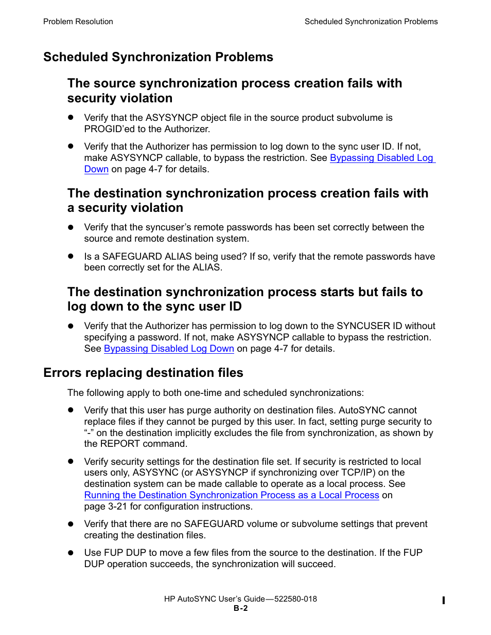 Scheduled synchronization problems, Errors replacing destination files, Violation | User id | HP Integrity NonStop J-Series User Manual | Page 236 / 266