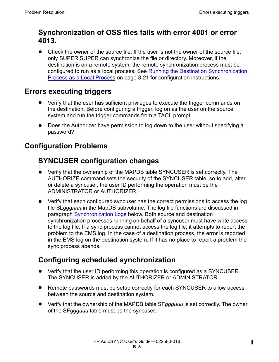 Errors executing triggers, Configuration problems, Syncuser configuration changes | Configuring scheduled synchronization | HP Integrity NonStop J-Series User Manual | Page 237 / 266
