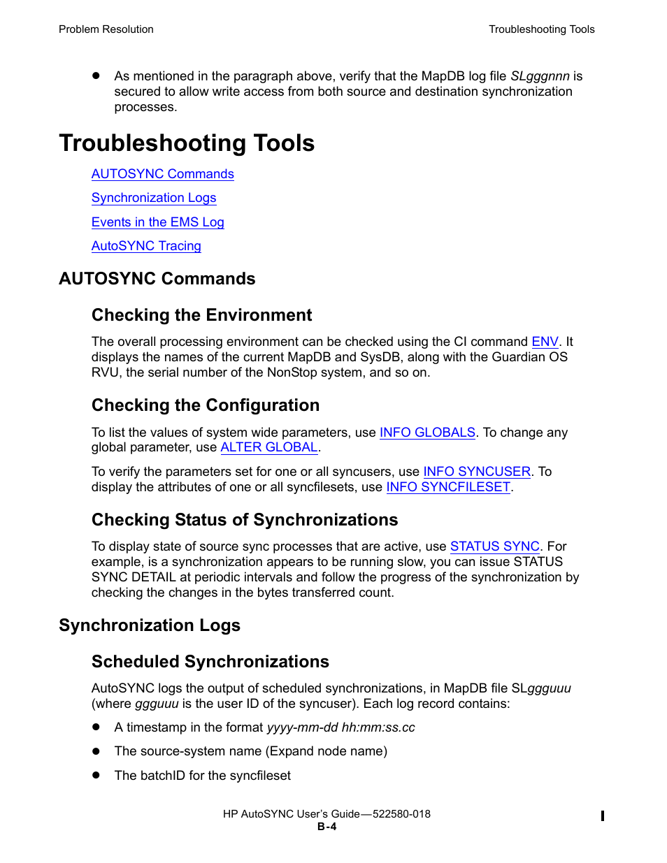 Troubleshooting tools, Autosync commands, Synchronization logs | Checking the environment, Checking the configuration, Checking status of synchronizations, Scheduled synchronizations, Below, Autosync commands checking the environment, Synchronization logs scheduled synchronizations | HP Integrity NonStop J-Series User Manual | Page 238 / 266