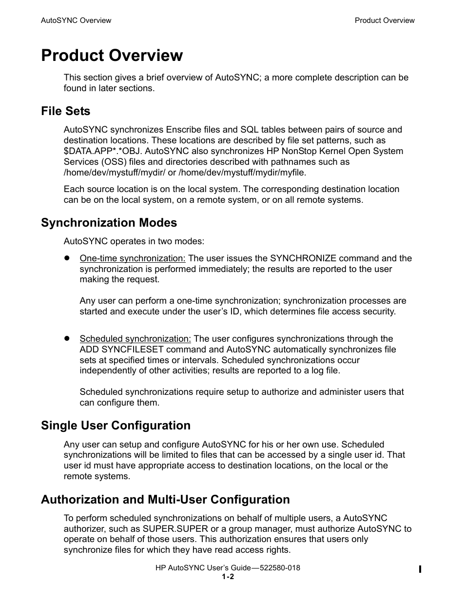 Product overview, File sets, Synchronization modes | Single user configuration, Authorization and multi-user configuration | HP Integrity NonStop J-Series User Manual | Page 24 / 266