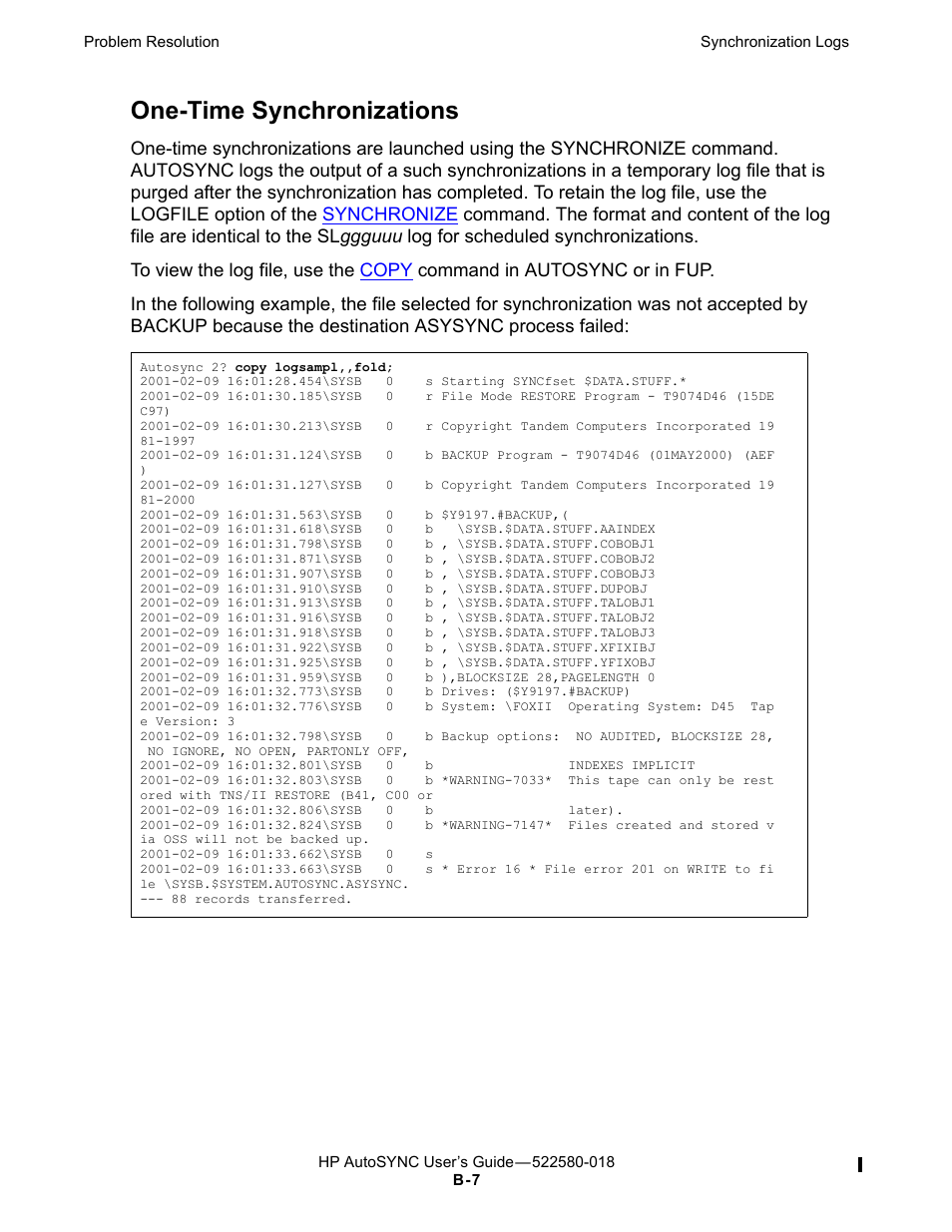 One-time synchronizations | HP Integrity NonStop J-Series User Manual | Page 241 / 266