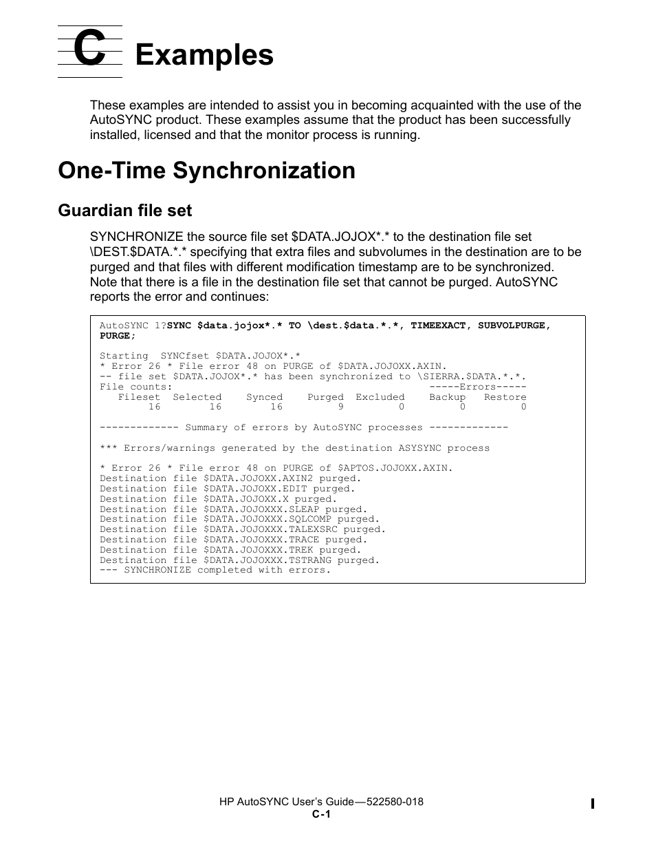 C examples, One-time synchronization, Guardian file set | C. examples, Examples | HP Integrity NonStop J-Series User Manual | Page 247 / 266