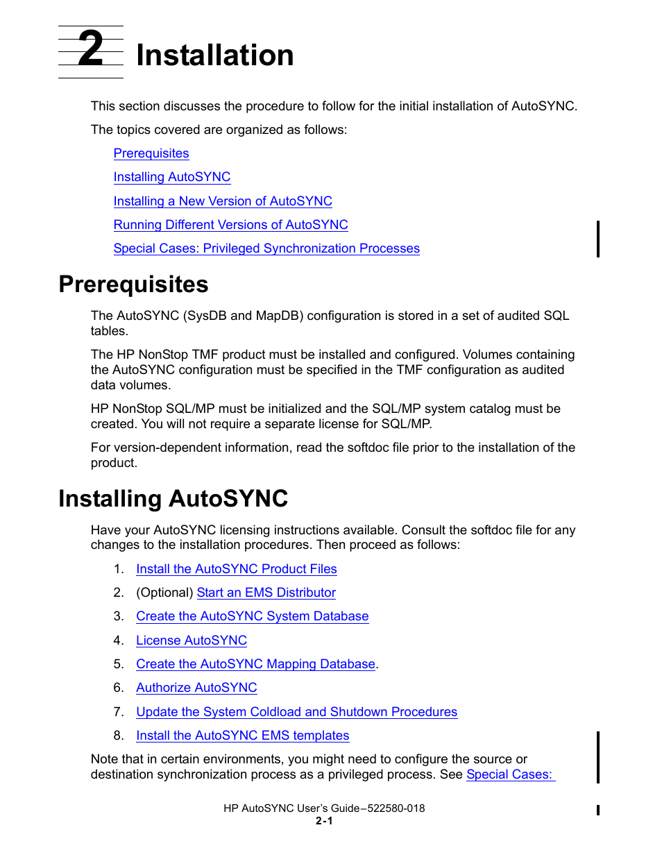 2 installation, Prerequisites, Installing autosync | Installation | HP Integrity NonStop J-Series User Manual | Page 29 / 266