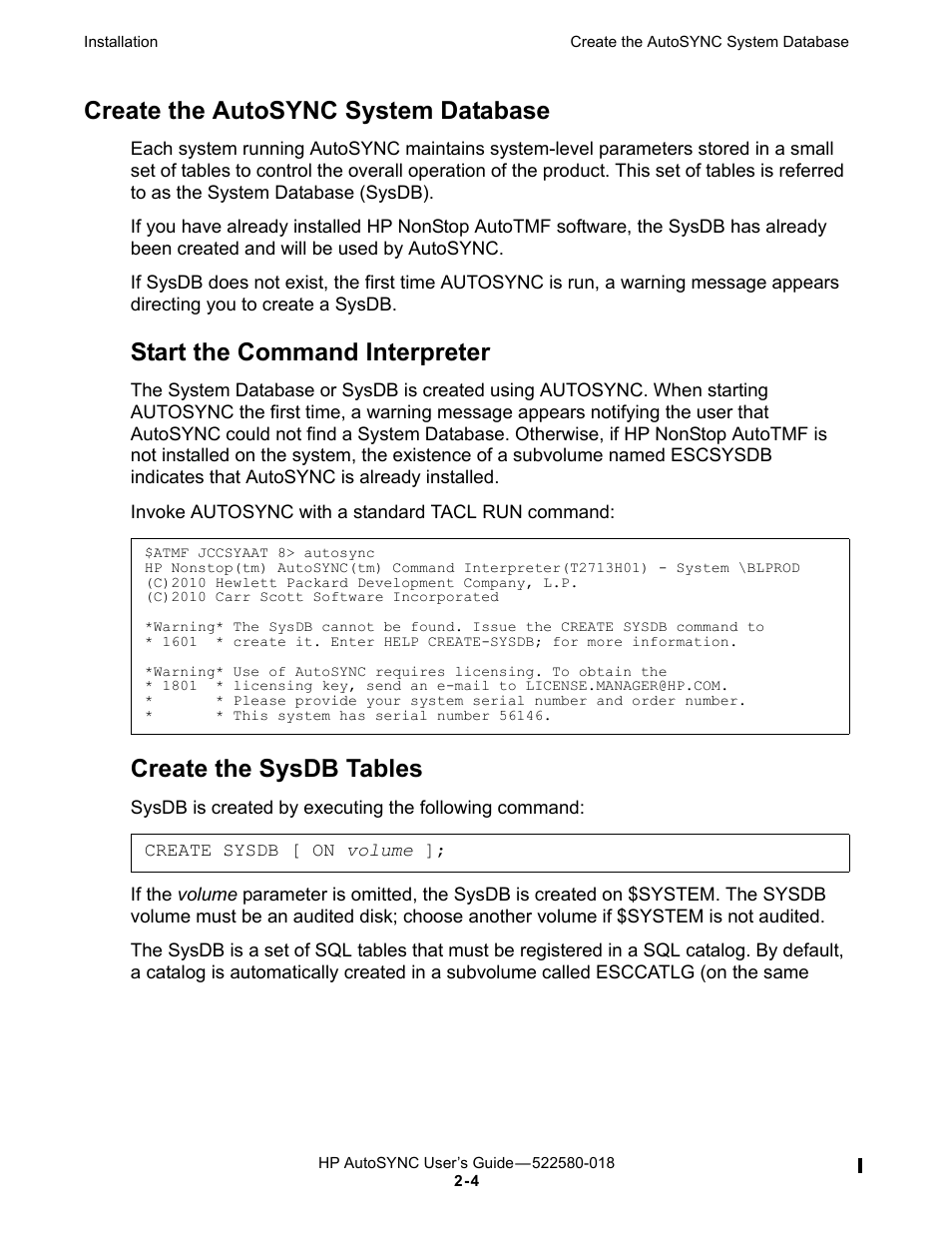 Create the autosync system database, Start the command interpreter, Create the sysdb tables | HP Integrity NonStop J-Series User Manual | Page 32 / 266