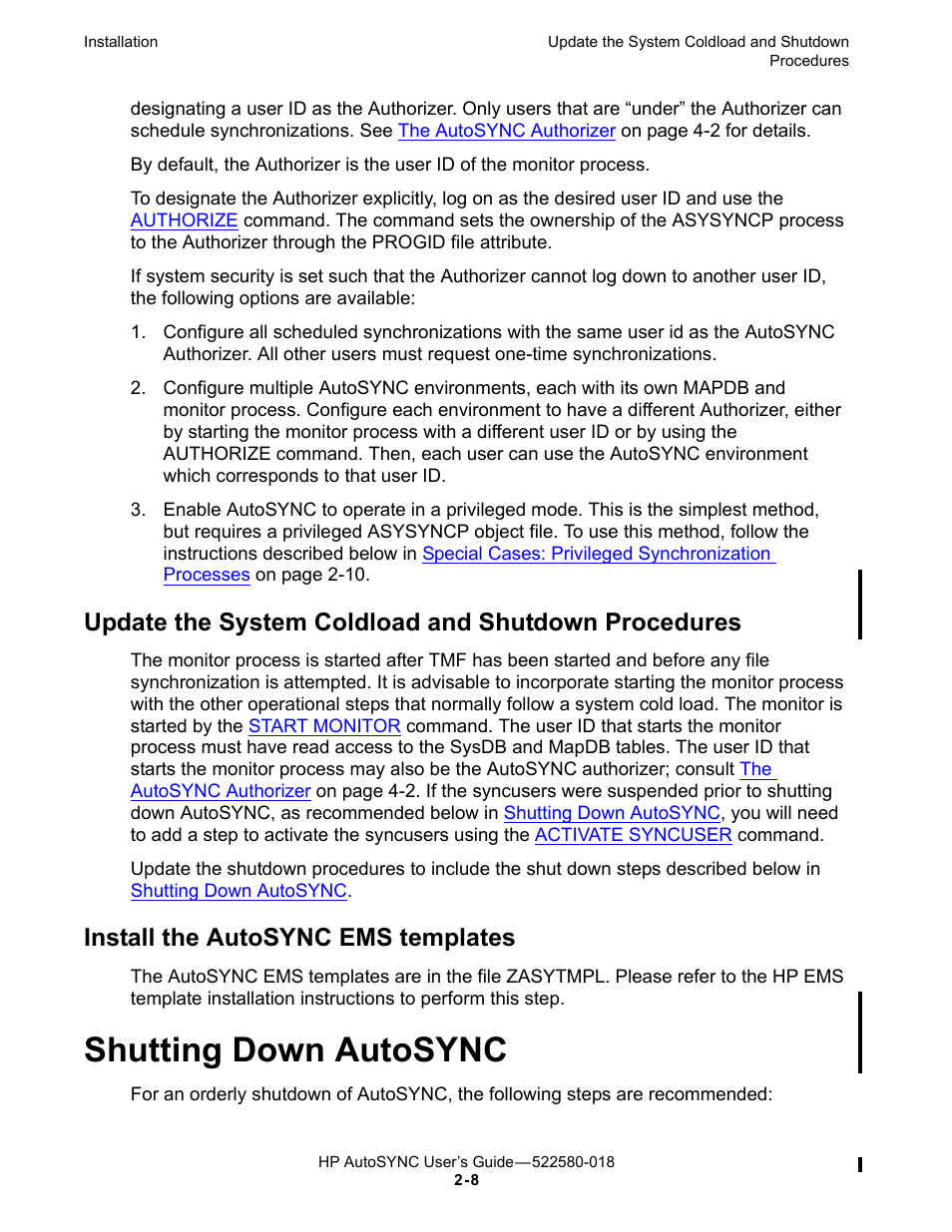 Update the system coldload and shutdown procedures, Install the autosync ems templates, Shutting down autosync | HP Integrity NonStop J-Series User Manual | Page 36 / 266