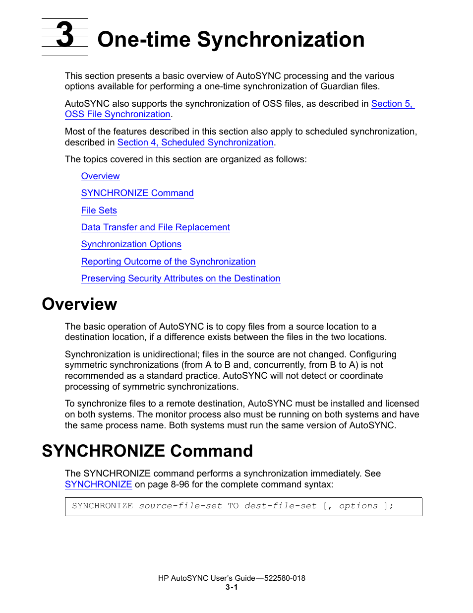 3 one-time synchronization, Overview, Synchronize command | One-time synchronization | HP Integrity NonStop J-Series User Manual | Page 39 / 266