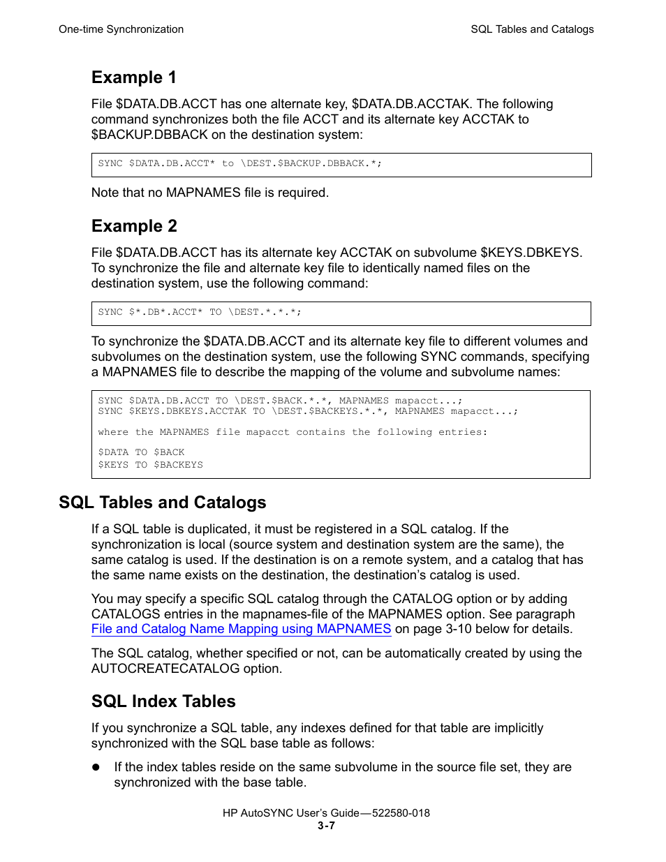Sql tables and catalogs, Example 1, Example 2 | Sql index tables | HP Integrity NonStop J-Series User Manual | Page 45 / 266