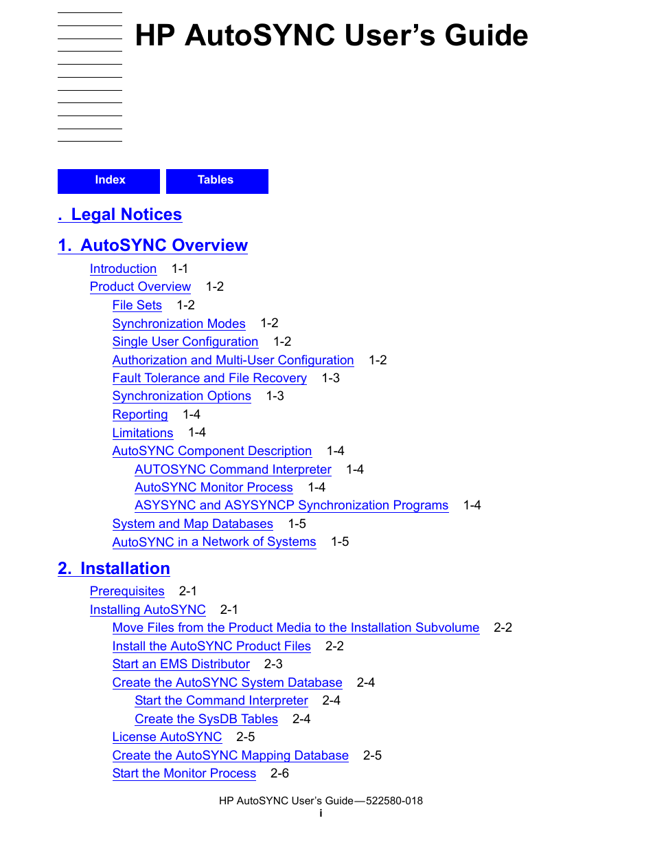 Hp autosync user’s guide, Legal notices 1. autosync overview, Installation | HP Integrity NonStop J-Series User Manual | Page 5 / 266