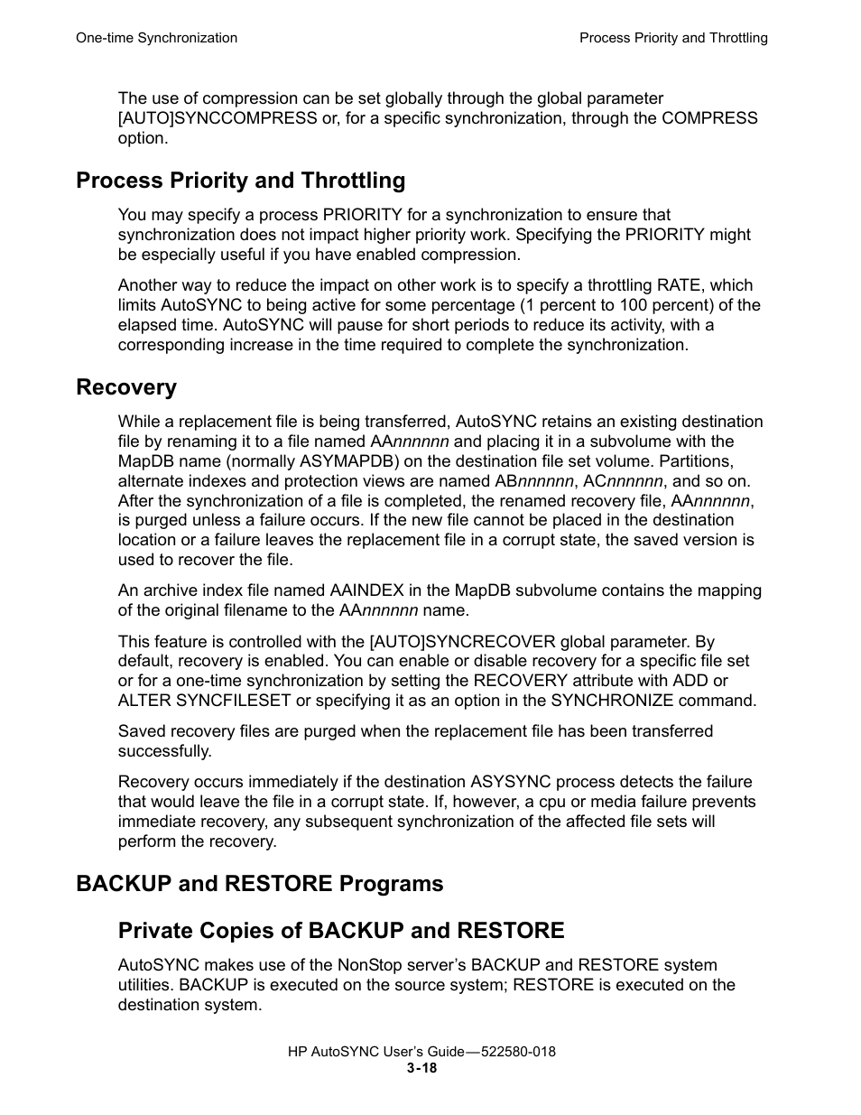 Process priority and throttling, Recovery, Backup and restore programs | Private copies of backup and restore | HP Integrity NonStop J-Series User Manual | Page 56 / 266