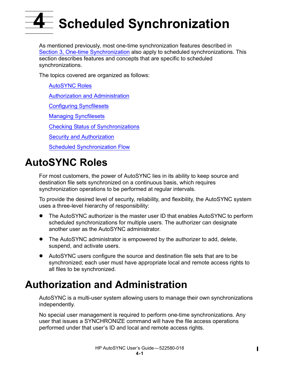 4 scheduled synchronization, Autosync roles, Authorization and administration | Scheduled synchronization, Section 4, scheduled, Synchronization, For det, Section 4, scheduled synchronization | HP Integrity NonStop J-Series User Manual | Page 61 / 266