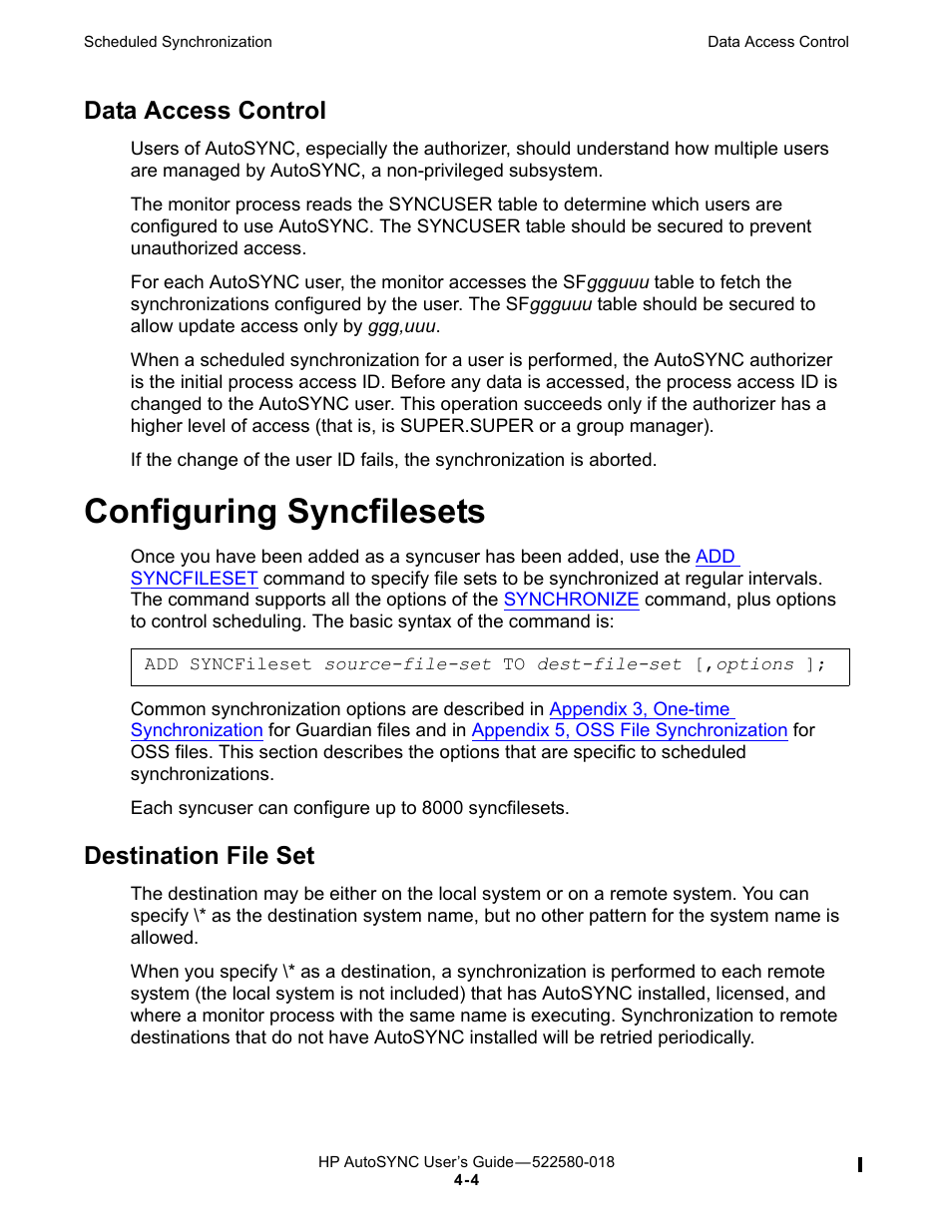 Data access control, Configuring syncfilesets, Destination file set | HP Integrity NonStop J-Series User Manual | Page 64 / 266