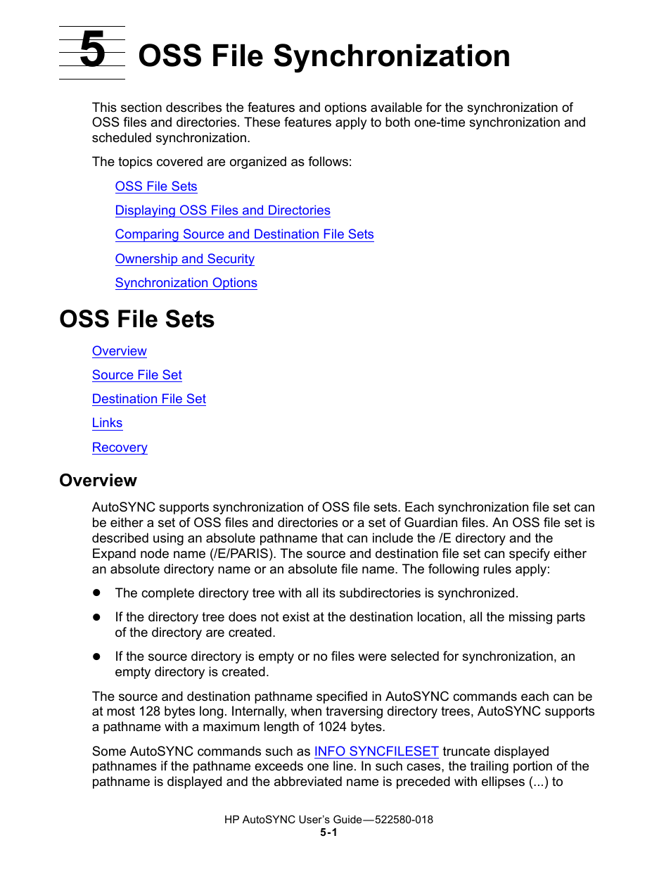 5 oss file synchronization, Oss file sets, Overview | Oss file synchronization, Section 5, Appendix 5, oss file synchronization | HP Integrity NonStop J-Series User Manual | Page 71 / 266