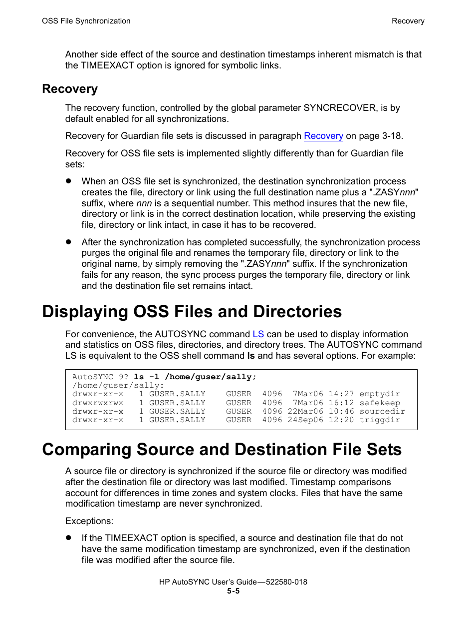 Recovery, Displaying oss files and directories, Comparing source and destination file sets | HP Integrity NonStop J-Series User Manual | Page 75 / 266