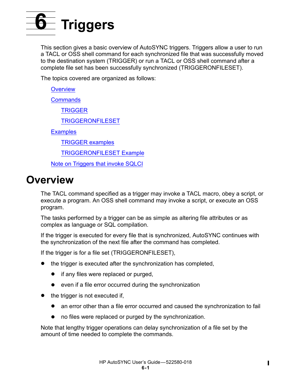 6 triggers, Overview, Triggers | HP Integrity NonStop J-Series User Manual | Page 81 / 266