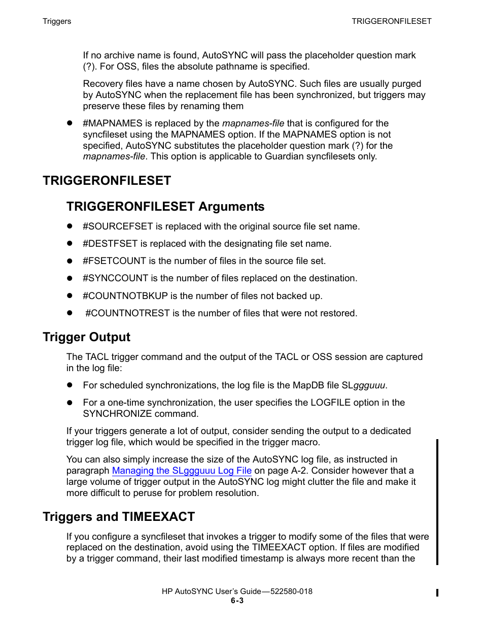 Triggeronfileset, Trigger output, Triggers and timeexact | Triggeronfileset arguments, Triggers and, Timeexact | HP Integrity NonStop J-Series User Manual | Page 83 / 266