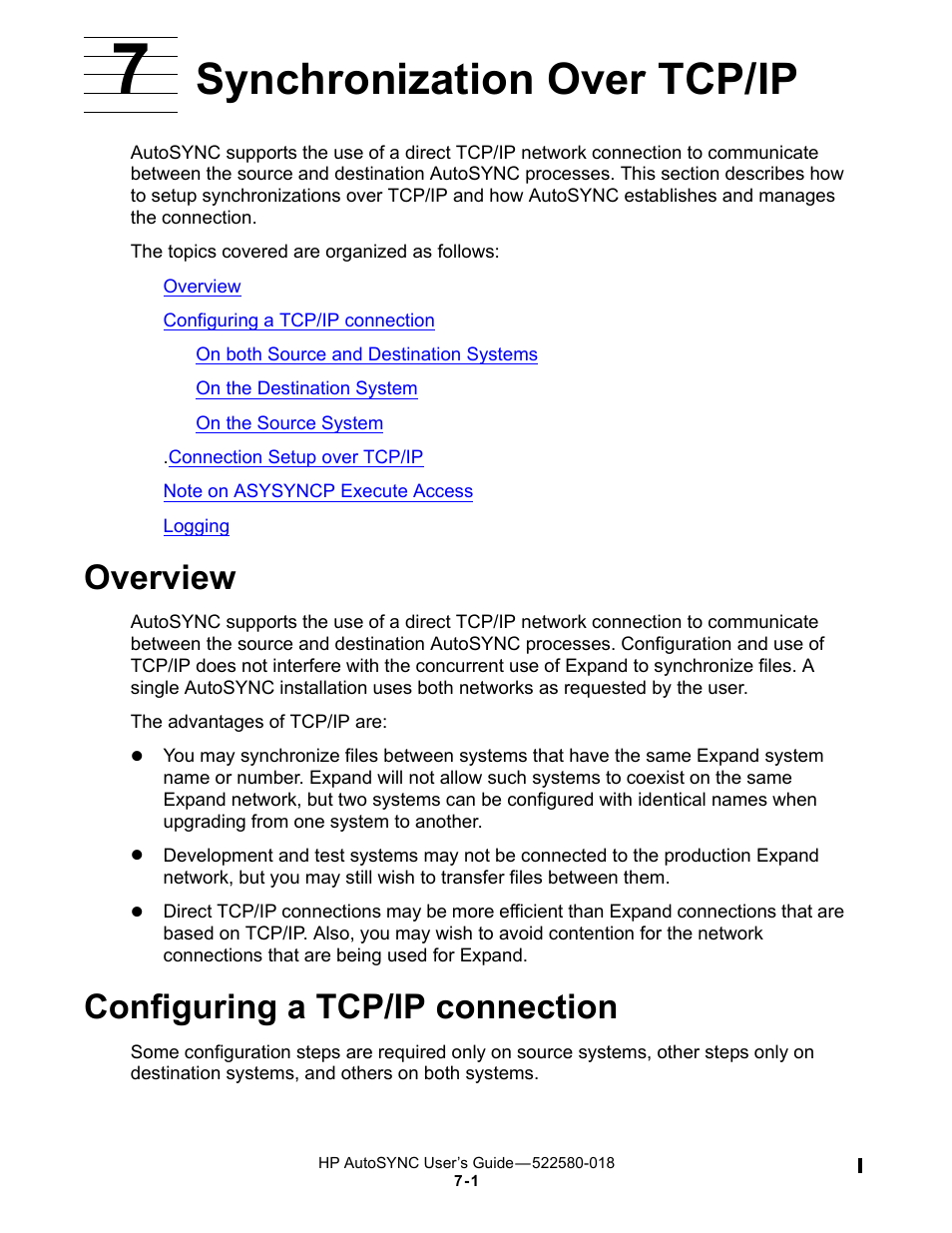 7 synchronization over tcp/ip, Overview, Configuring a tcp/ip connection | Synchronization over tcp/ip | HP Integrity NonStop J-Series User Manual | Page 89 / 266