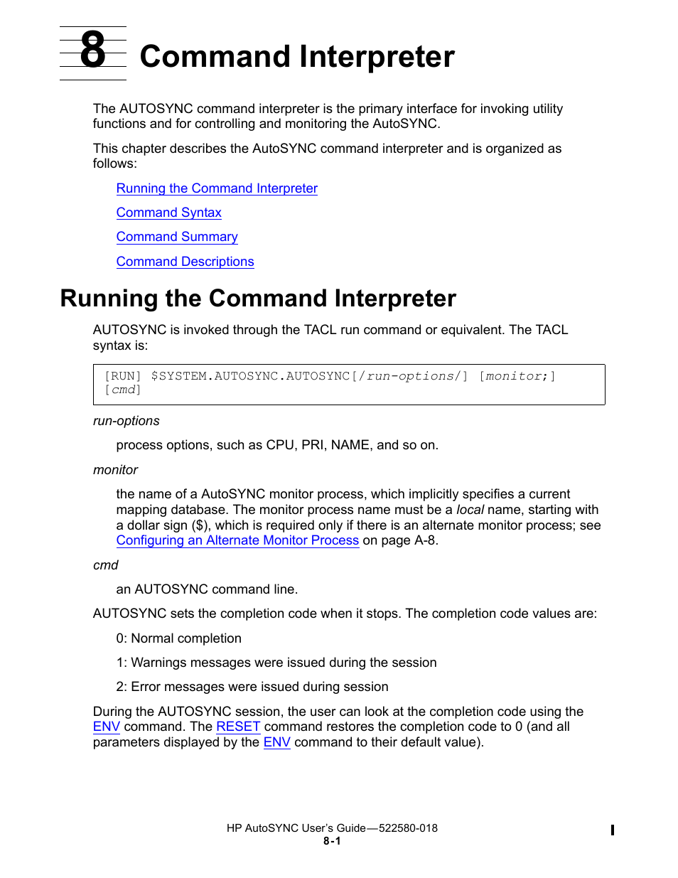 8 command interpreter, Running the command interpreter, Command interpreter | HP Integrity NonStop J-Series User Manual | Page 95 / 266