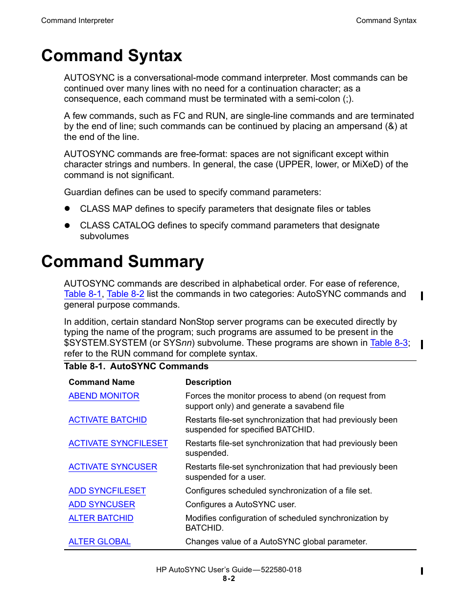 Command syntax, Command summary, Table 8-1 | Nonstop autosync commands | HP Integrity NonStop J-Series User Manual | Page 96 / 266