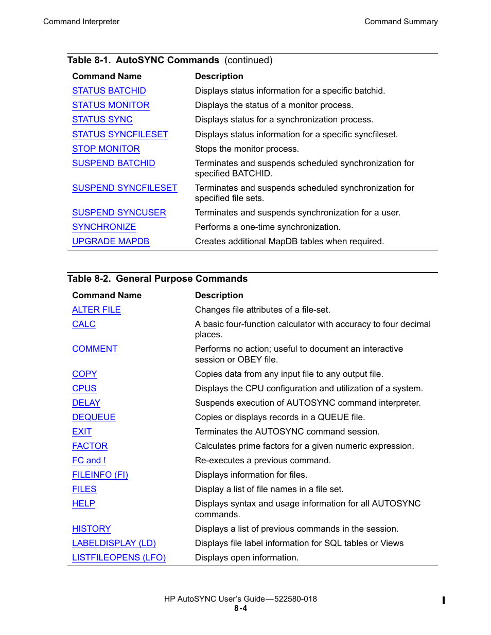 Table 8-2, General purpose commands | HP Integrity NonStop J-Series User Manual | Page 98 / 266