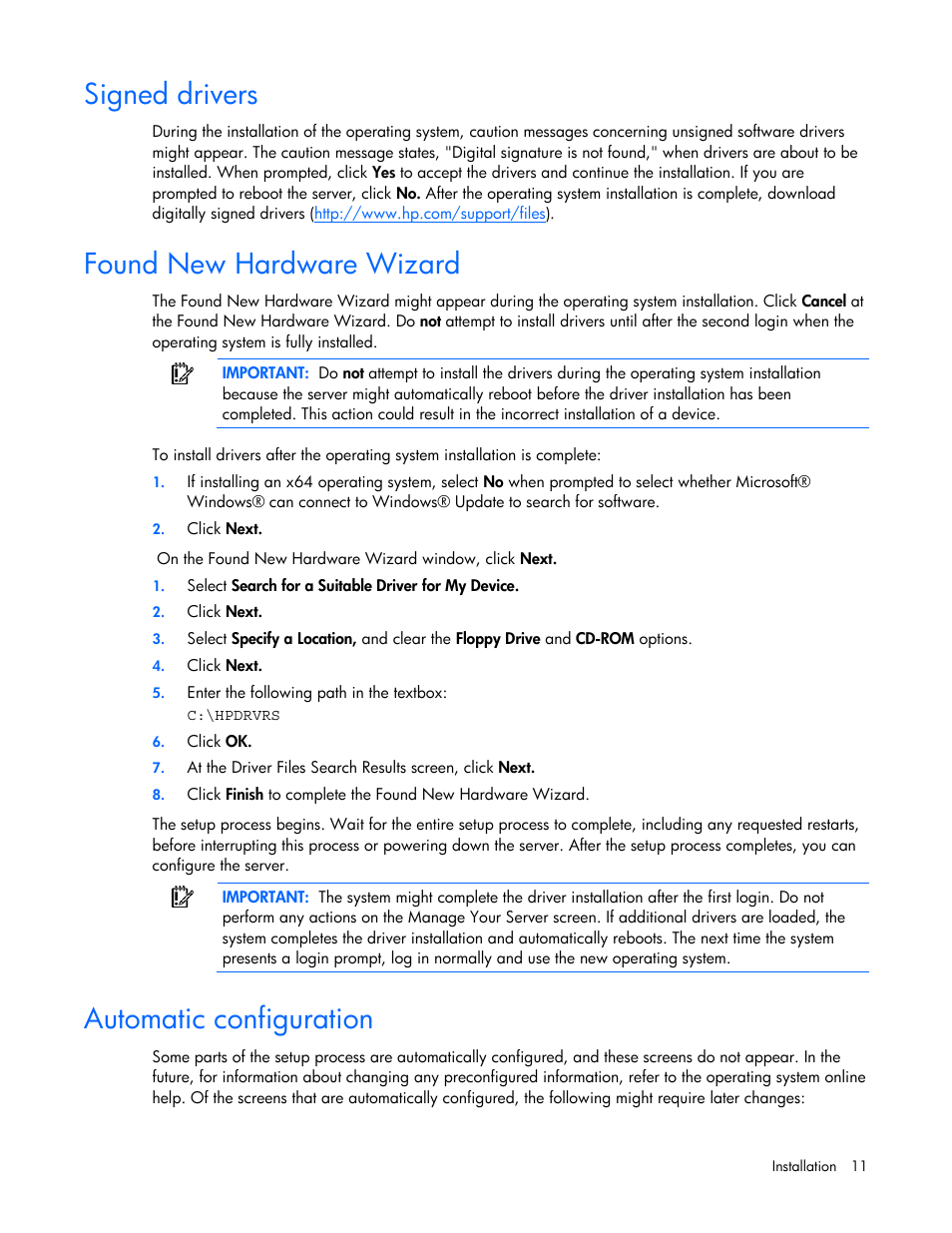 Signed drivers, Found new hardware wizard, Automatic configuration | HP ProLiant ML370 G4 Server User Manual | Page 11 / 24