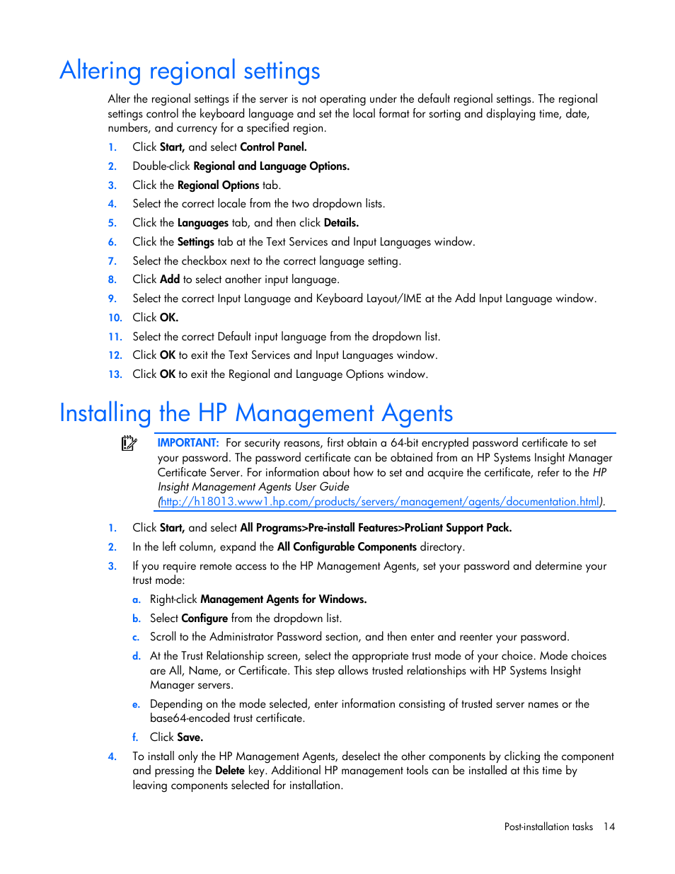 Altering regional settings, Installing the hp management agents | HP ProLiant ML370 G4 Server User Manual | Page 14 / 24