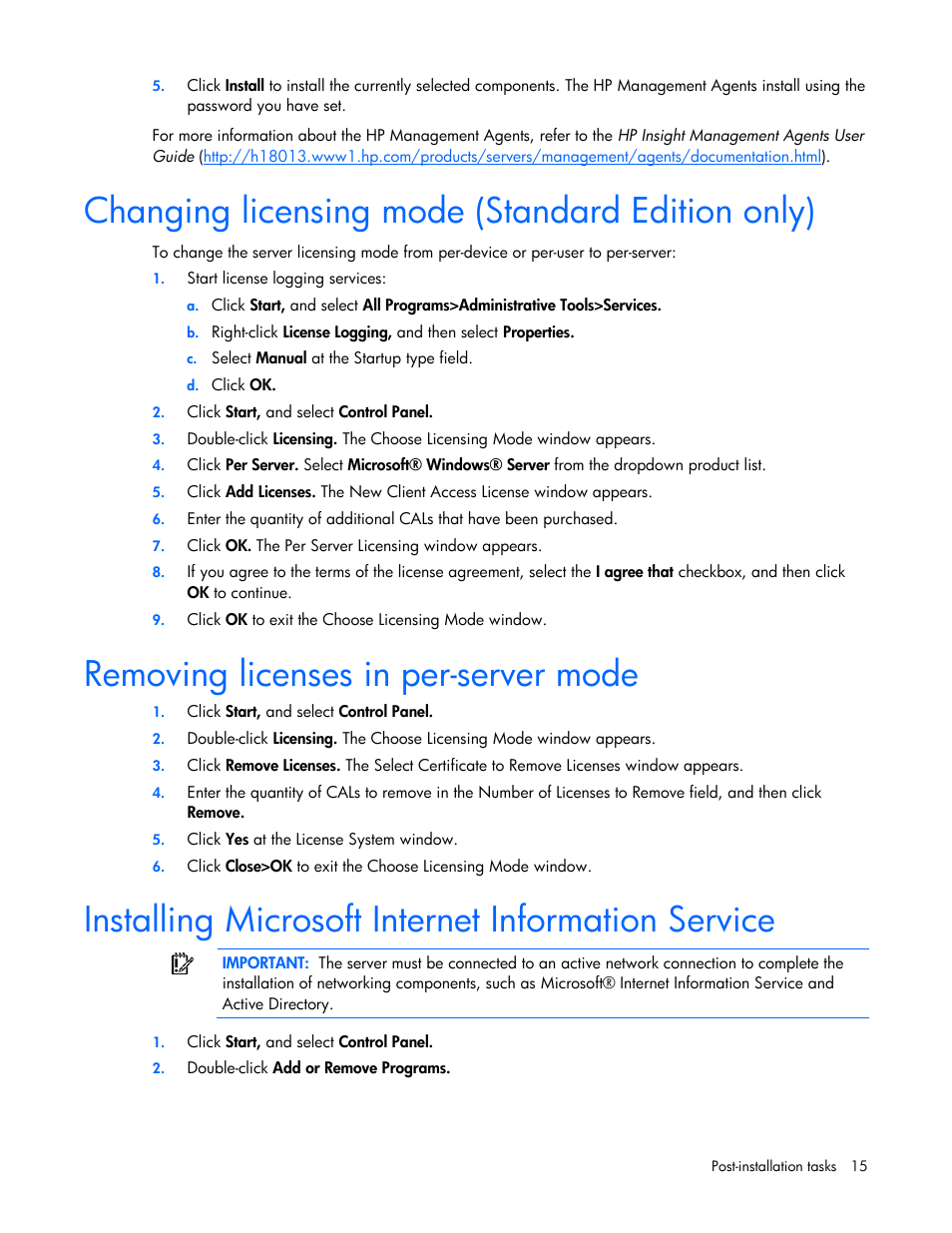 Changing licensing mode (standard edition only), Removing licenses in per-server mode, Installing microsoft internet information service | If additional | HP ProLiant ML370 G4 Server User Manual | Page 15 / 24