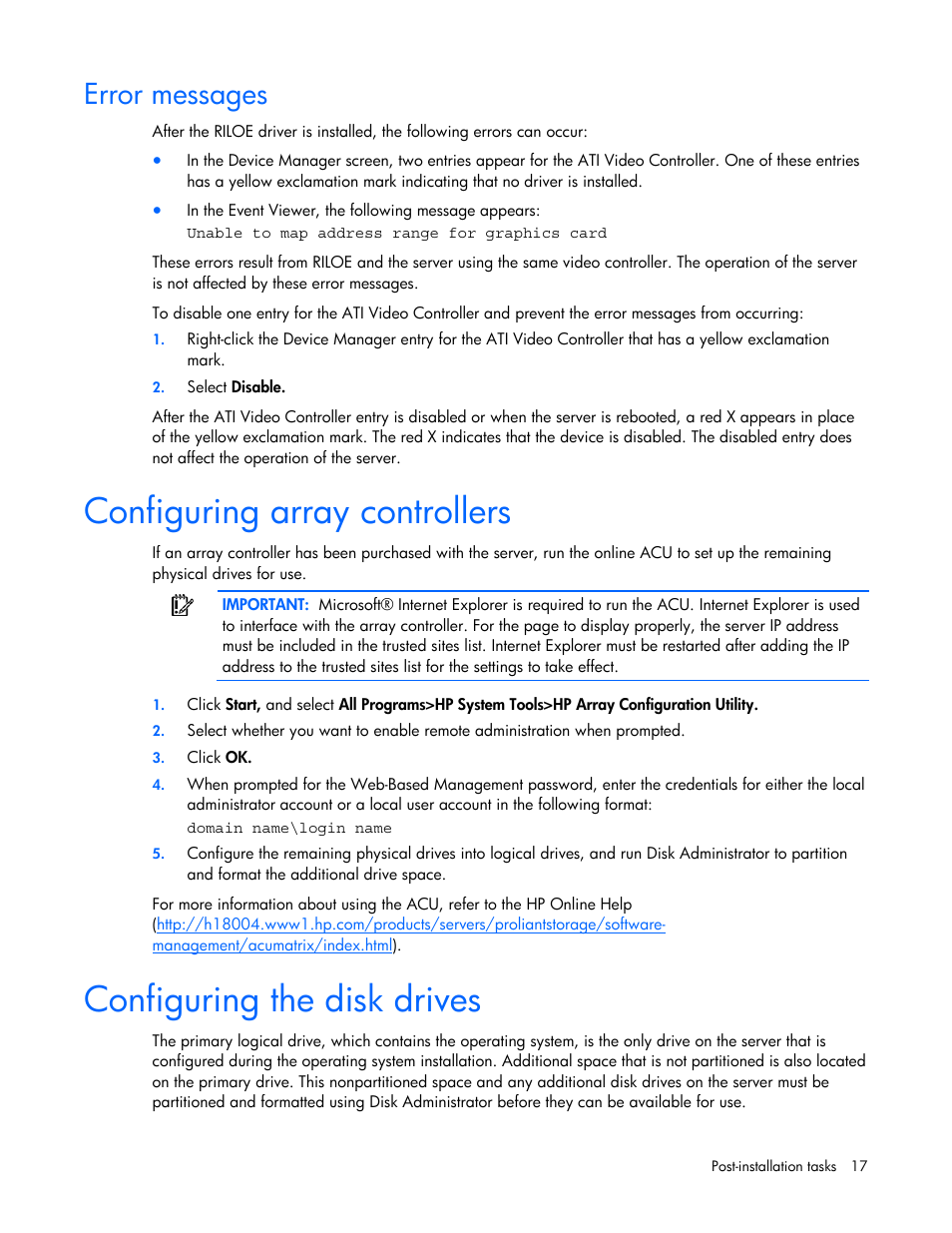 Error messages, Configuring array controllers, Configuring the disk drives | HP ProLiant ML370 G4 Server User Manual | Page 17 / 24