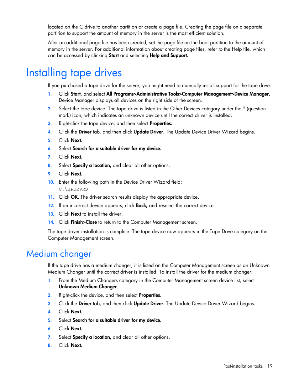 Installing tape drives, Medium changer | HP ProLiant ML370 G4 Server User Manual | Page 19 / 24