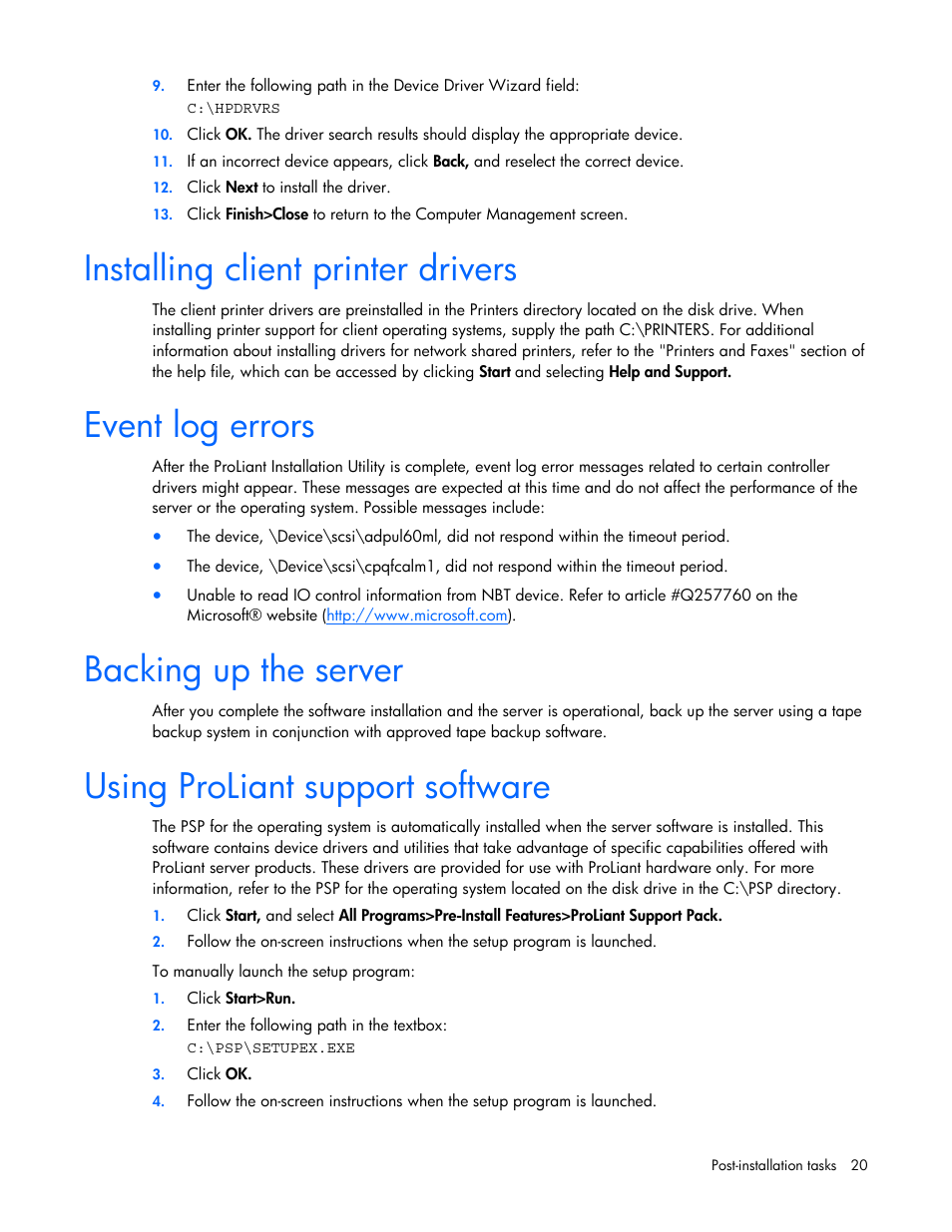Installing client printer drivers, Event log errors, Backing up the server | Using proliant support software | HP ProLiant ML370 G4 Server User Manual | Page 20 / 24