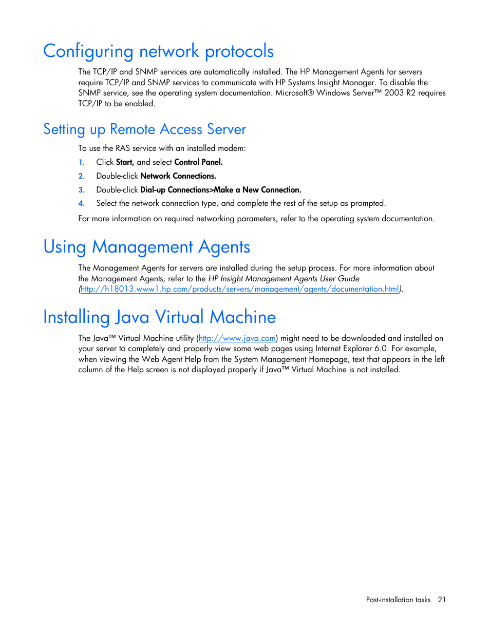 Configuring network protocols, Setting up remote access server, Using management agents | Installing java virtual machine | HP ProLiant ML370 G4 Server User Manual | Page 21 / 24