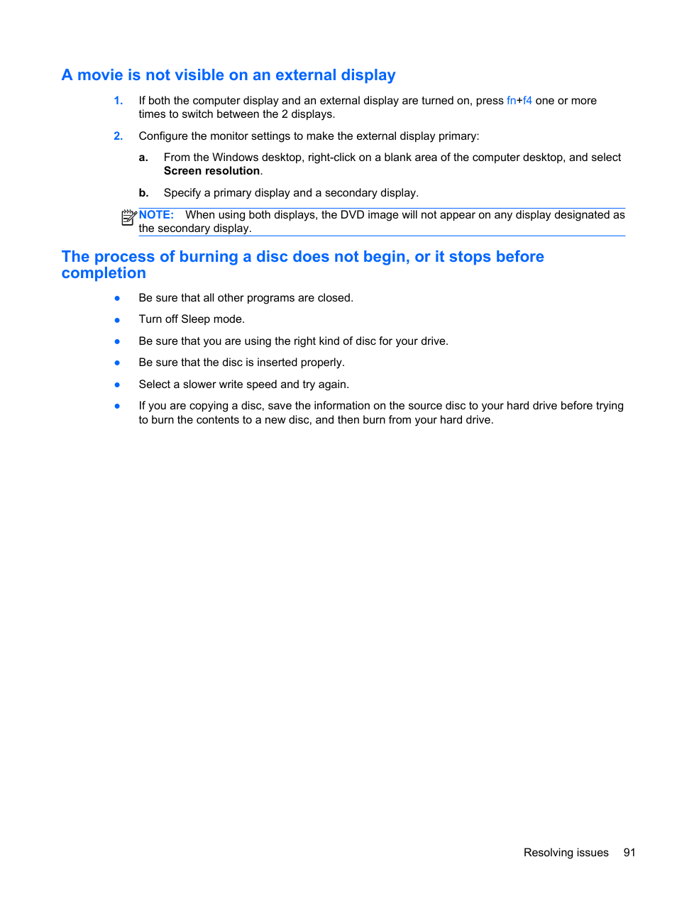 A movie is not visible on an external display | HP EliteBook 850 G1 Notebook PC User Manual | Page 101 / 106