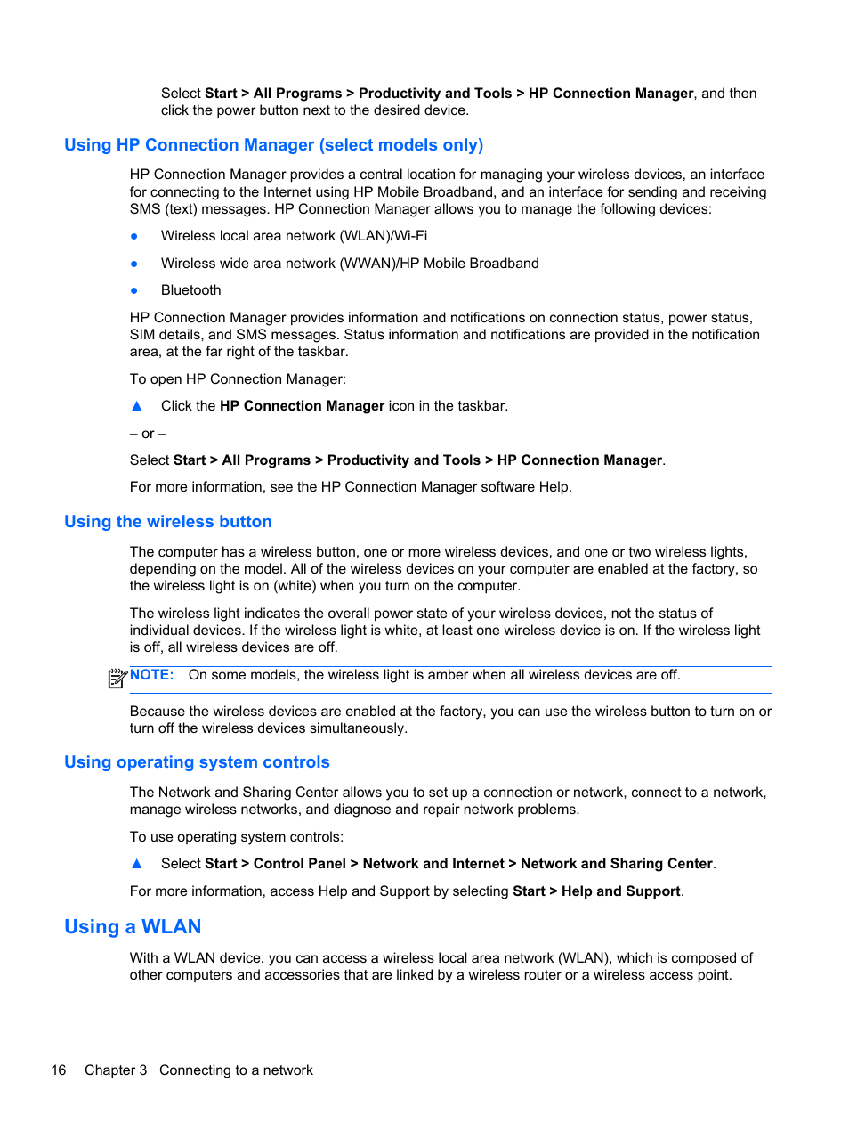 Using hp connection manager (select models only), Using the wireless button, Using operating system controls | Using a wlan | HP EliteBook 850 G1 Notebook PC User Manual | Page 26 / 106