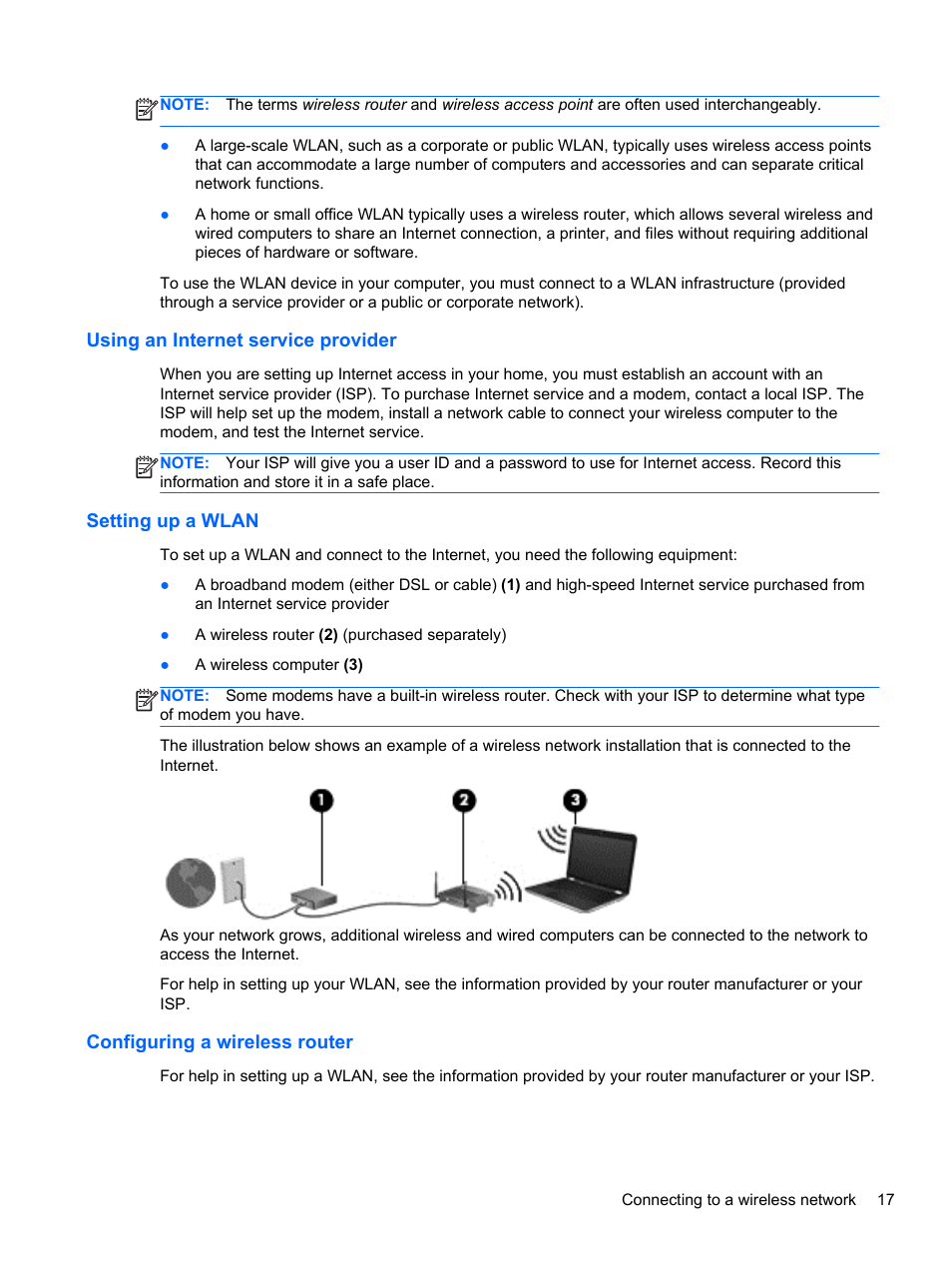 Using an internet service provider, Setting up a wlan, Configuring a wireless router | HP EliteBook 850 G1 Notebook PC User Manual | Page 27 / 106