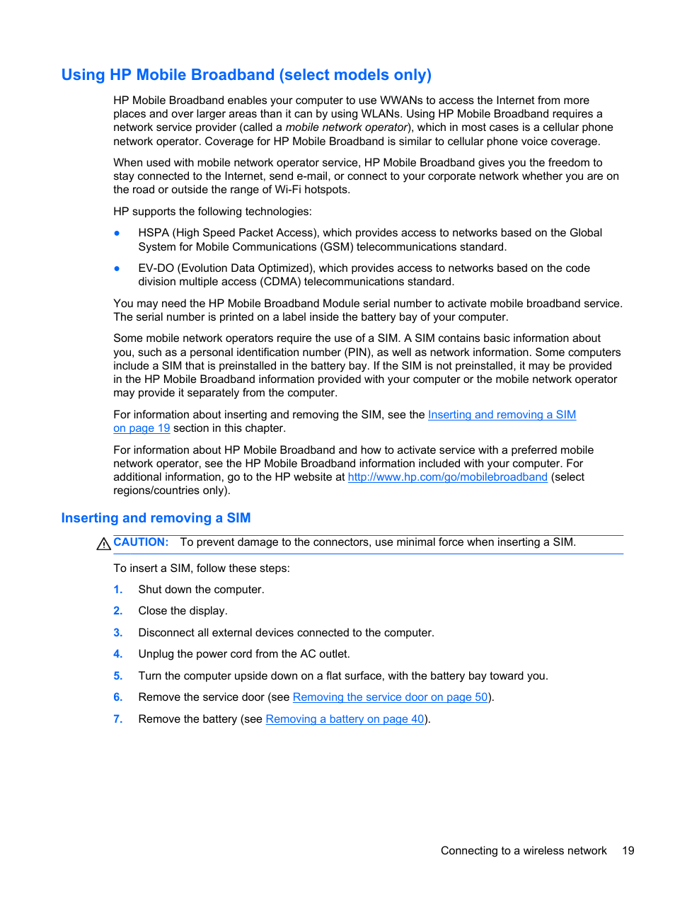 Using hp mobile broadband (select models only), Inserting and removing a sim | HP EliteBook 850 G1 Notebook PC User Manual | Page 29 / 106