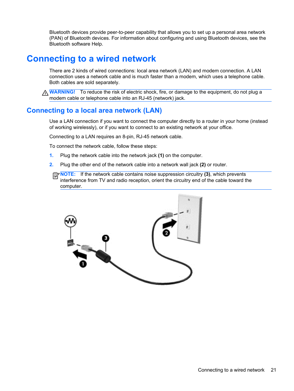 Connecting to a wired network, Connecting to a local area network (lan) | HP EliteBook 850 G1 Notebook PC User Manual | Page 31 / 106