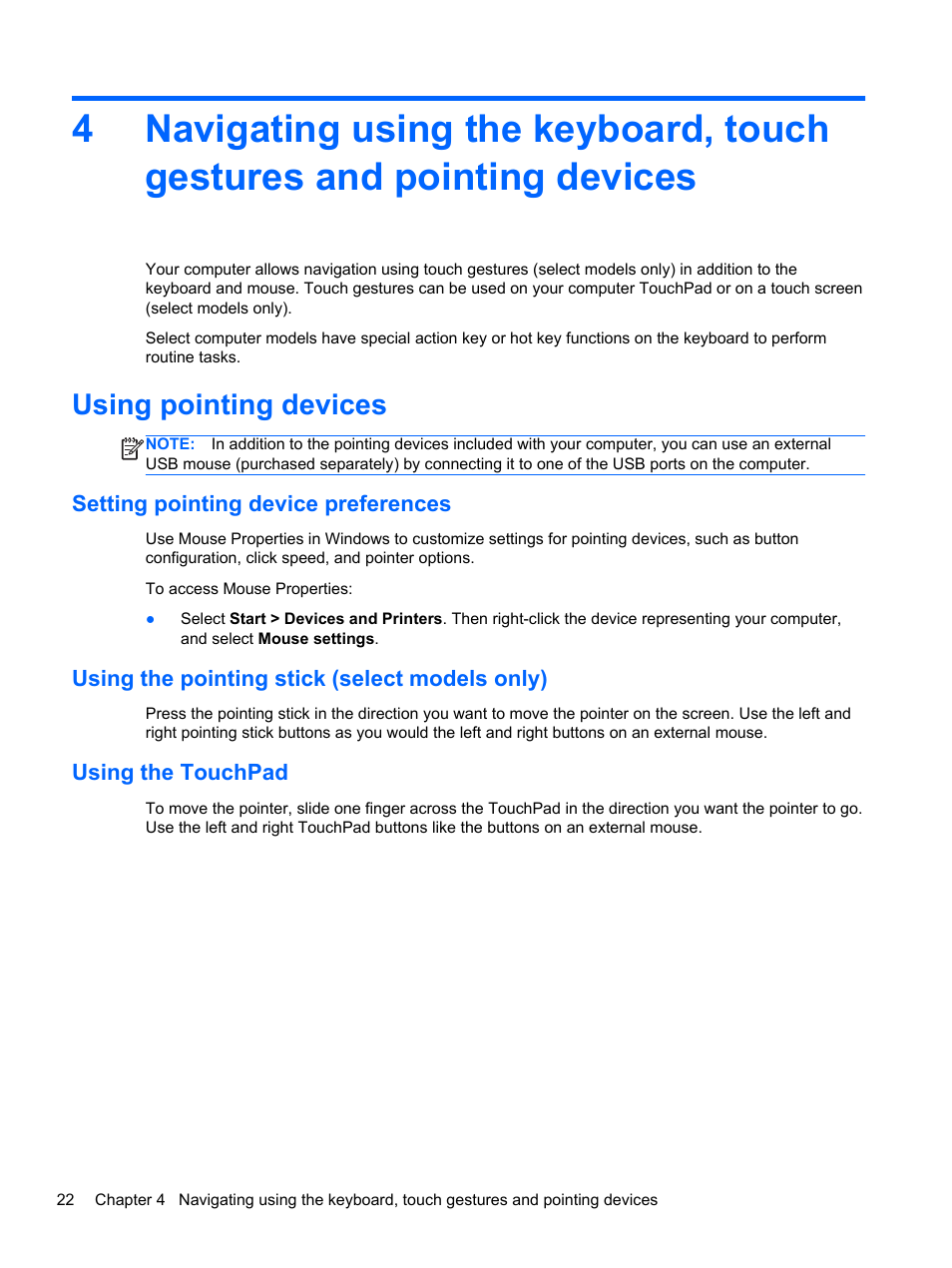 Using pointing devices, Setting pointing device preferences, Using the pointing stick (select models only) | Using the touchpad | HP EliteBook 850 G1 Notebook PC User Manual | Page 32 / 106