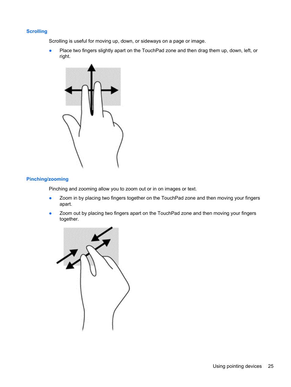 Scrolling, Pinching/zooming, Scrolling pinching/zooming | HP EliteBook 850 G1 Notebook PC User Manual | Page 35 / 106