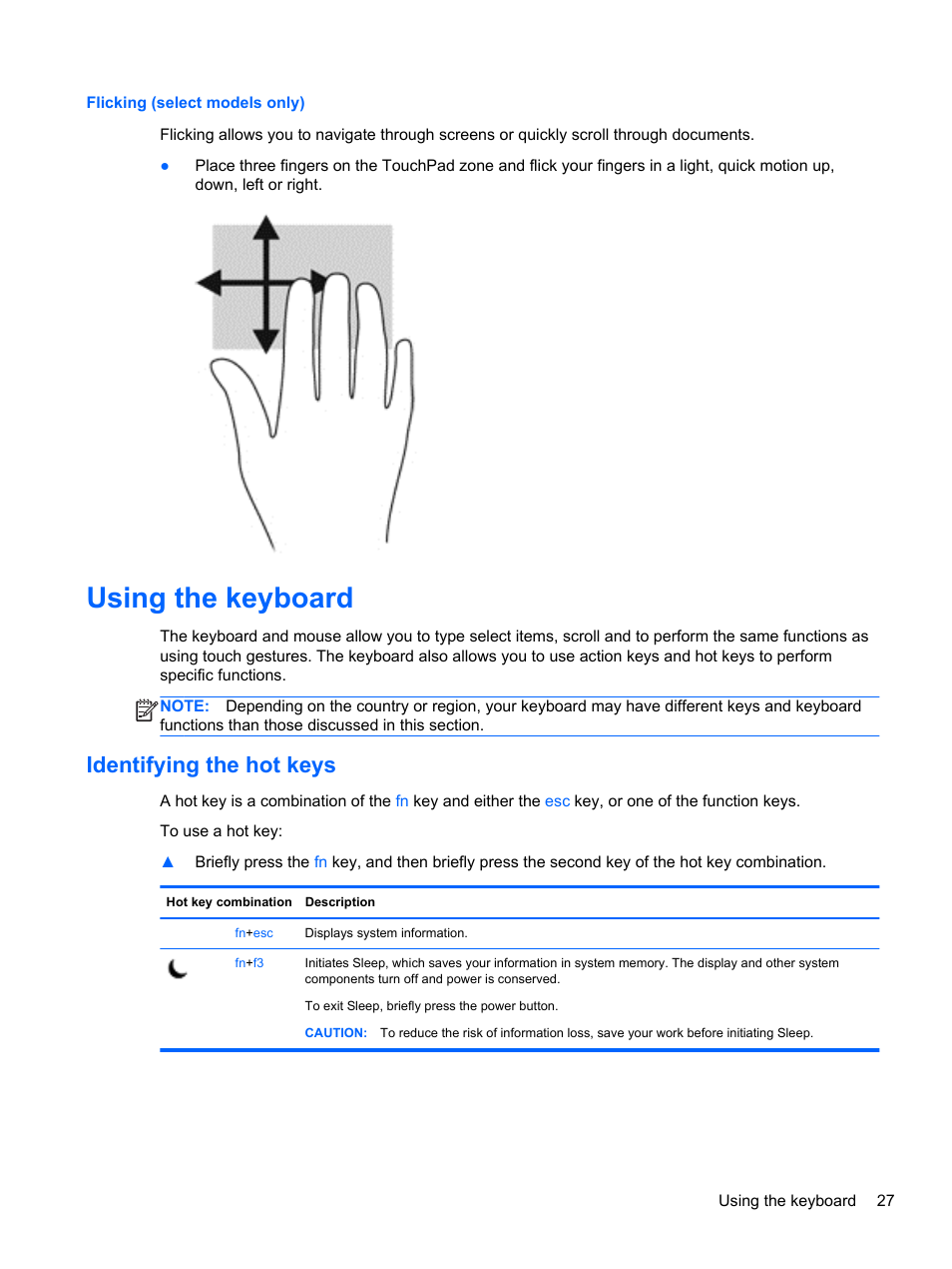 Flicking (select models only), Using the keyboard, Identifying the hot keys | HP EliteBook 850 G1 Notebook PC User Manual | Page 37 / 106