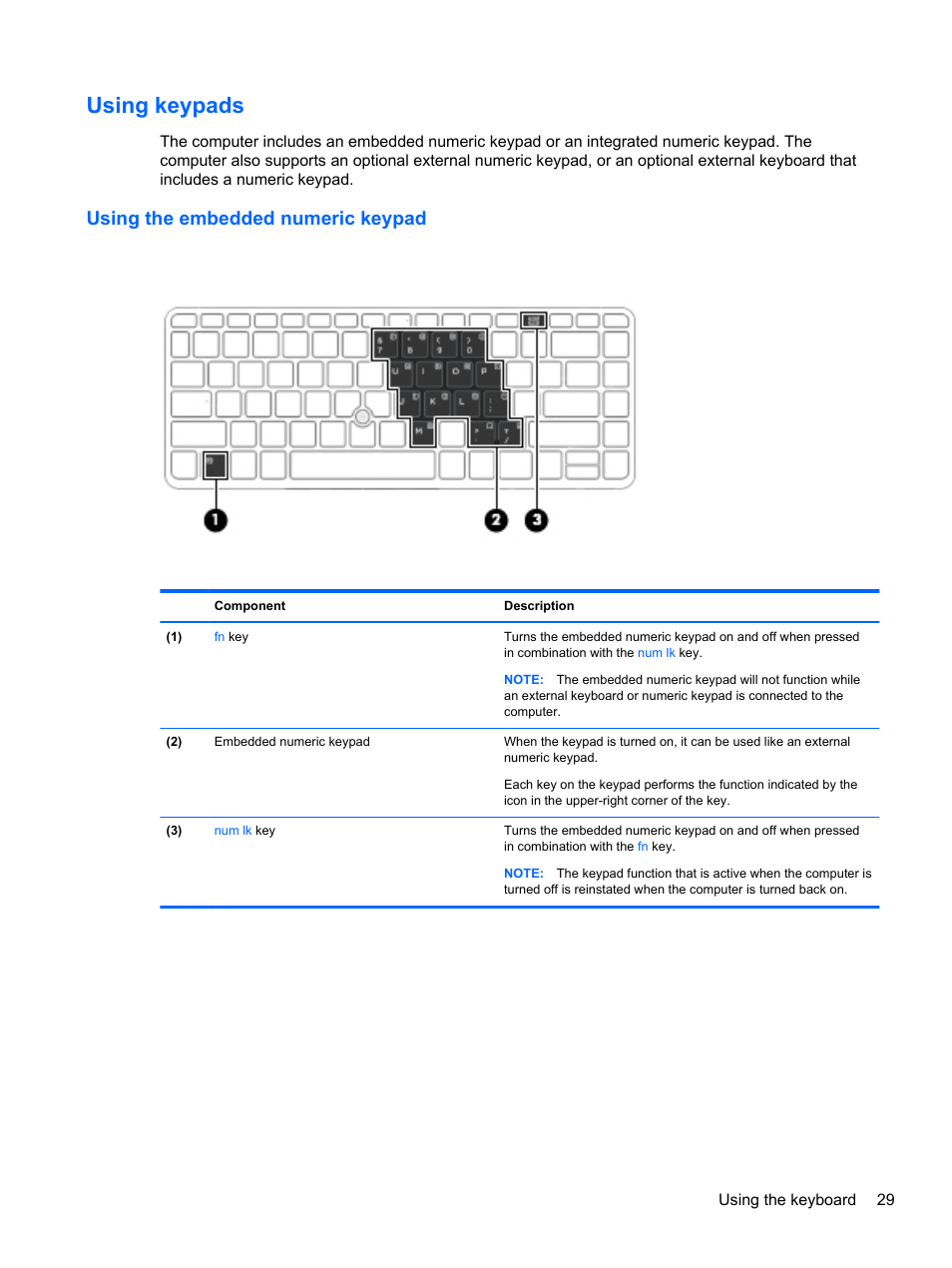 Using keypads, Using the embedded numeric keypad | HP EliteBook 850 G1 Notebook PC User Manual | Page 39 / 106