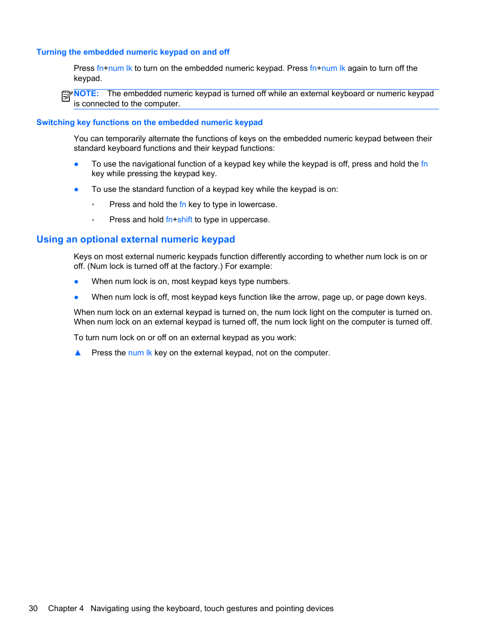 Turning the embedded numeric keypad on and off, Using an optional external numeric keypad | HP EliteBook 850 G1 Notebook PC User Manual | Page 40 / 106